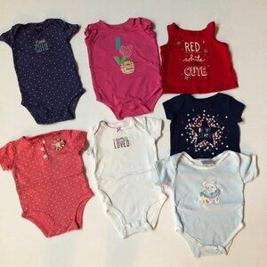 FLot of 7 Baby Girls Infant Red Blue and White Onesies & Tops 6 Months